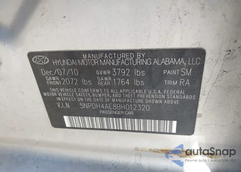 2011 Hyundai Elantra Gls z USA, uszkodzony, nr VIN 5NPDH4AE8BH012320